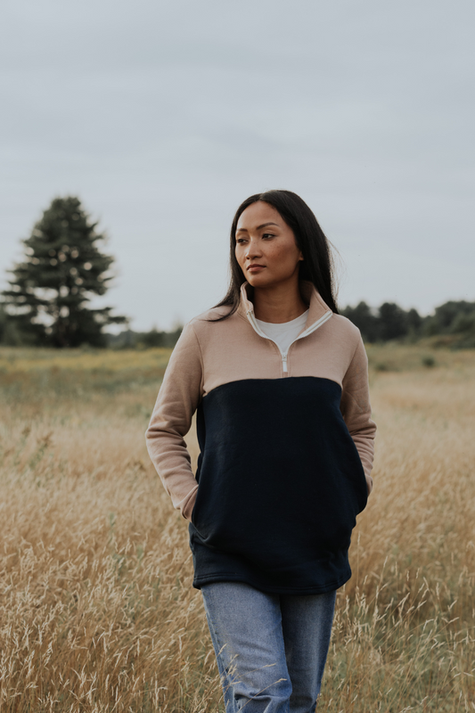 Classic Mountain Sweater Fleece in Stucco and Navy by Blondie Apparel