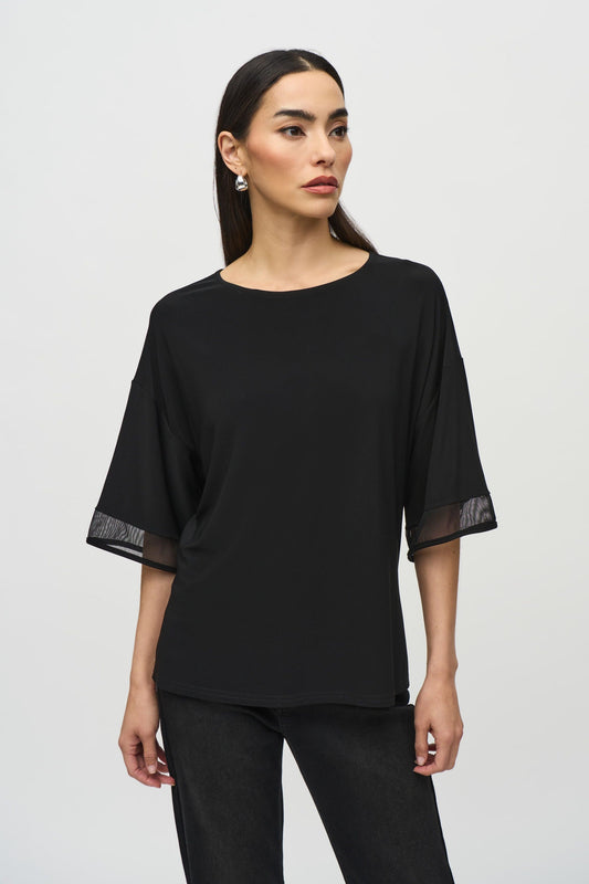 Silky Knit And Mesh Boxy Top in Black by Joseph Ribkoff