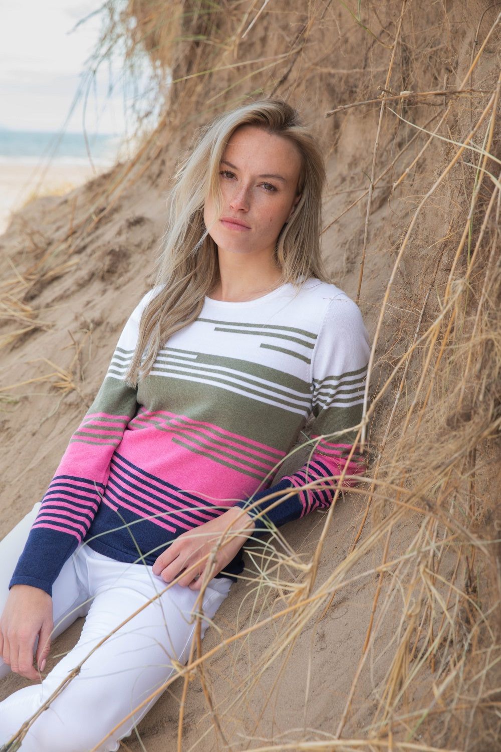 Long Sleeve Multi Coloured Striped 100% Cotton Sweater by Marble Fashion