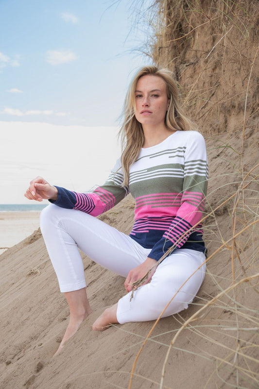 Long Sleeve Multi Coloured Striped 100% Cotton Sweater by Marble Fashion