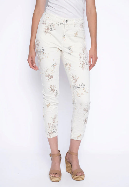 Floral Printed Denim Ankle Length Jeans in Beige Multi by Picadilly Canada