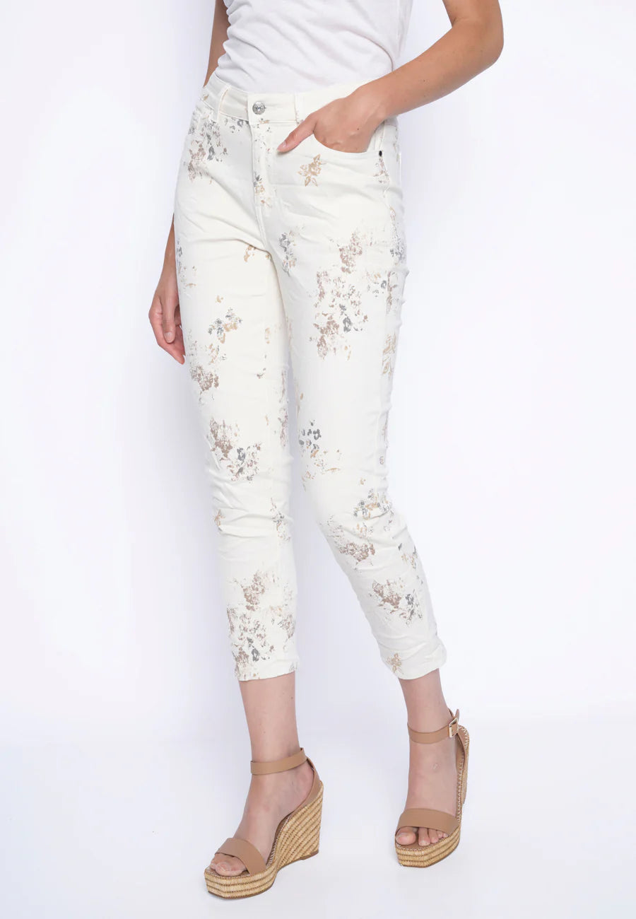 Floral Printed Denim Ankle Length Jeans in Beige Multi by Picadilly Canada