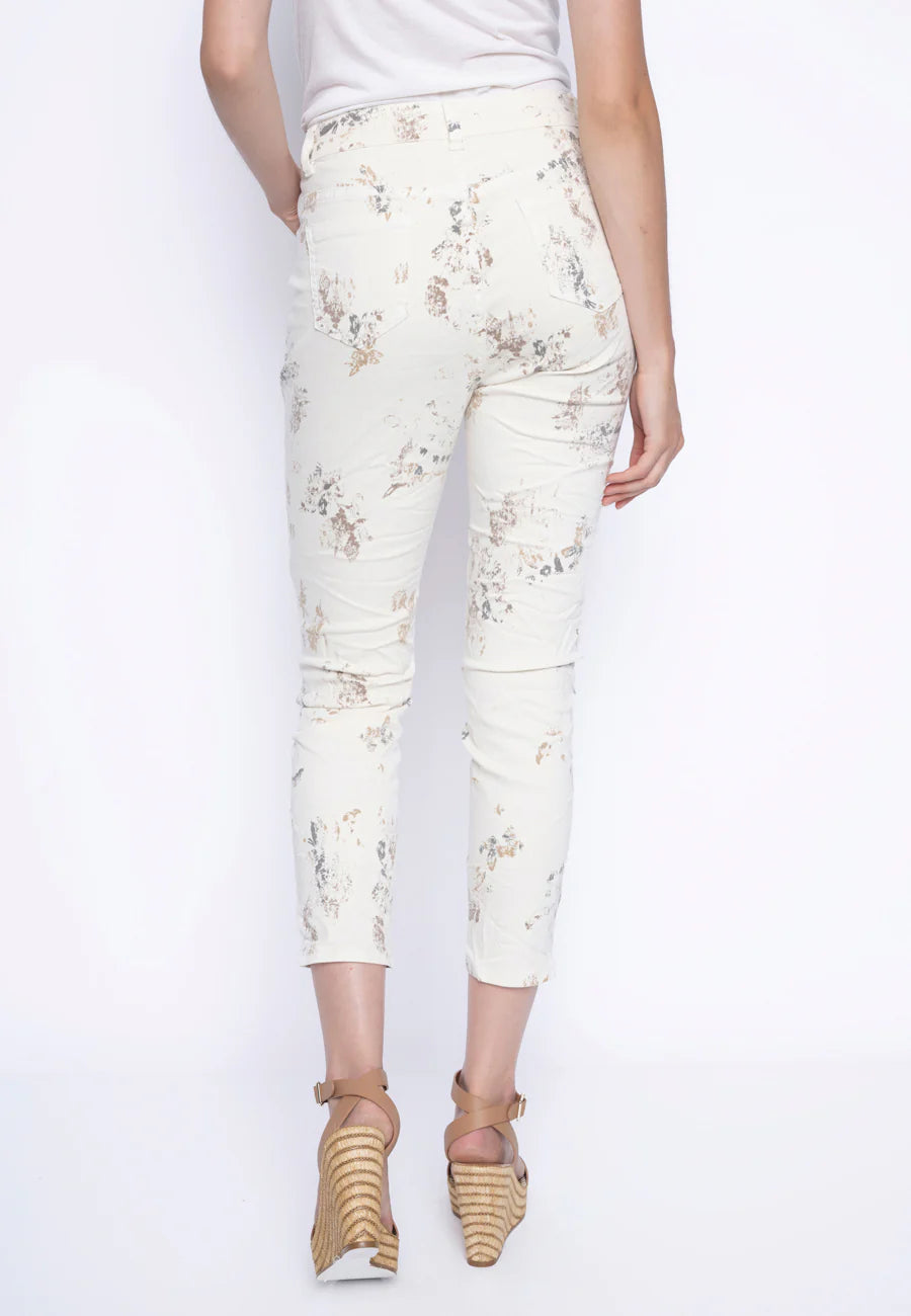 Floral Printed Denim Ankle Length Jeans in Beige Multi by Picadilly Canada