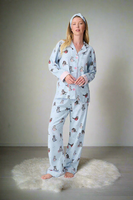 Coffee and Cat Naps Flannel PJ Set in Blue Tint by P.J. Salvage