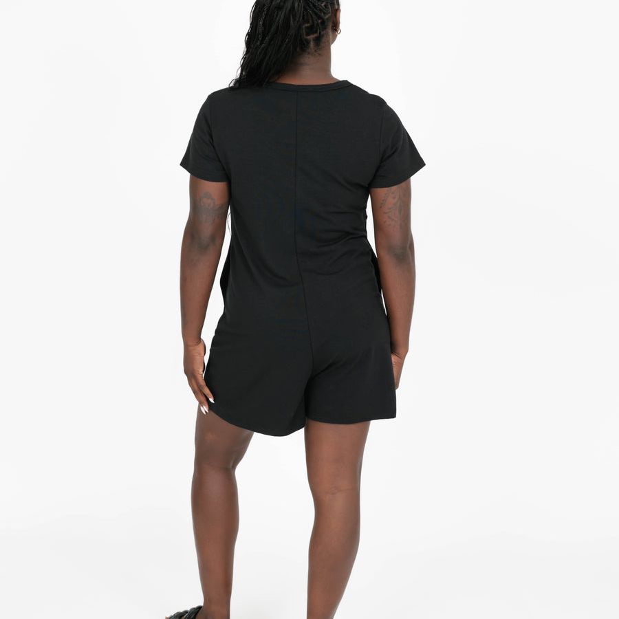 Sunday Henley Romper Shorty 2.0 in Midnight Black by Smash and Tess