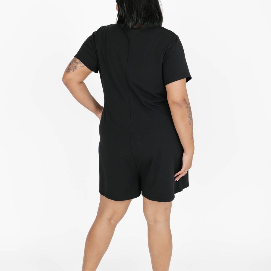 Sunday Henley Romper Shorty 2.0 in Midnight Black by Smash and Tess