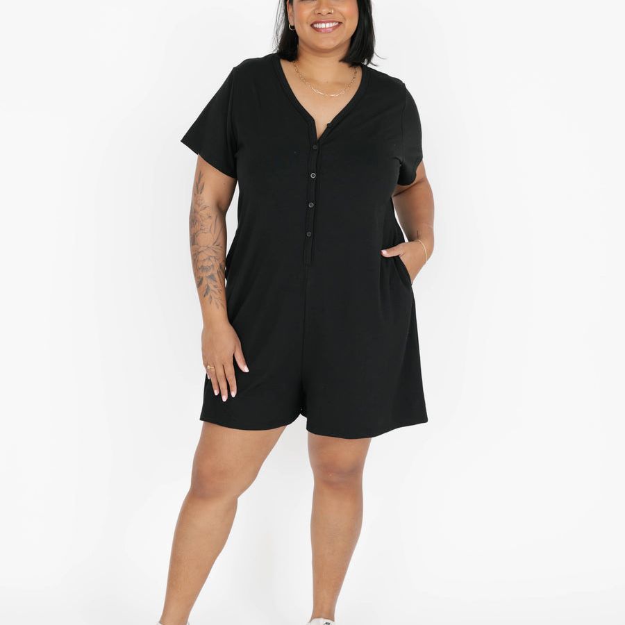 Sunday Henley Romper Shorty 2.0 in Midnight Black by Smash and Tess