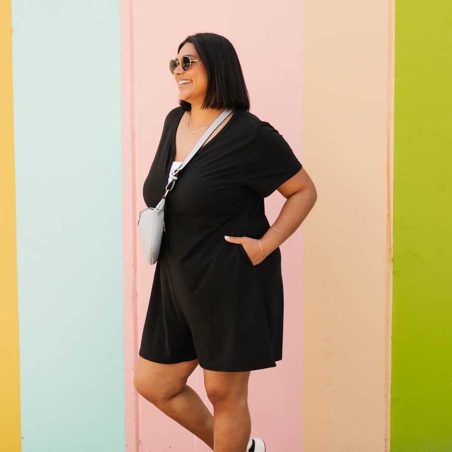 Sunday Henley Romper Shorty 2.0 in Midnight Black by Smash and Tess