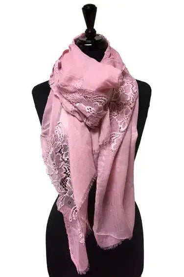 Floral Lace Scarf with Frayed Edge in Pink