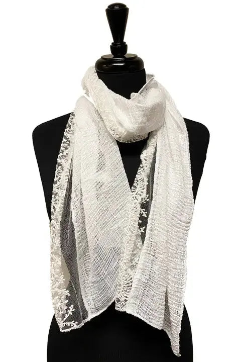 Off White Gauze and Lace Scarf