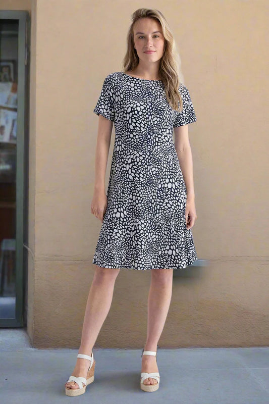 Short Sleeve Pebble Print Dress in Navy by Marble Scotland