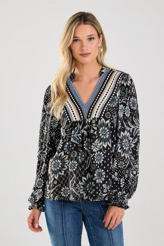 Long Sleeve V Neck Mix Media Top in Spiro Print  French Dressing