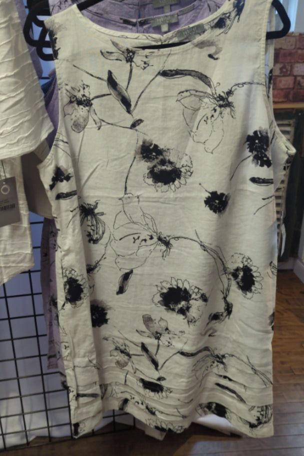 Sketched Floral Print On White Linen Dress With Pockets By Habitat H43380